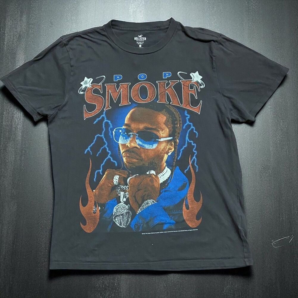 Hollister x Pop Smoke Memorial Rap Rapper Tee Washed Black Men's Size Large